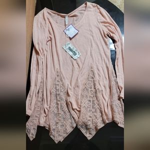 Pink long sleeve tunic with crochet and see through accents